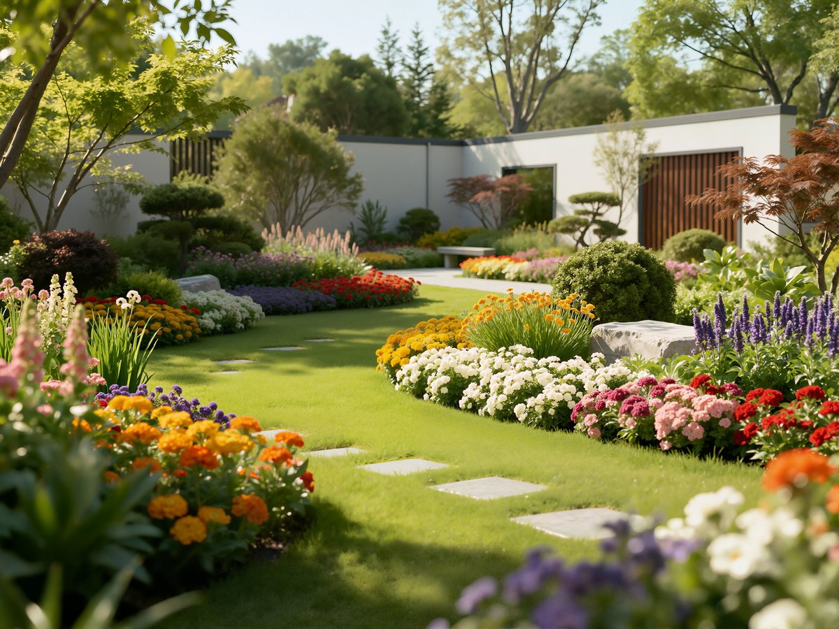 Beautiful landscaped garden with stepping stones and flower beds
